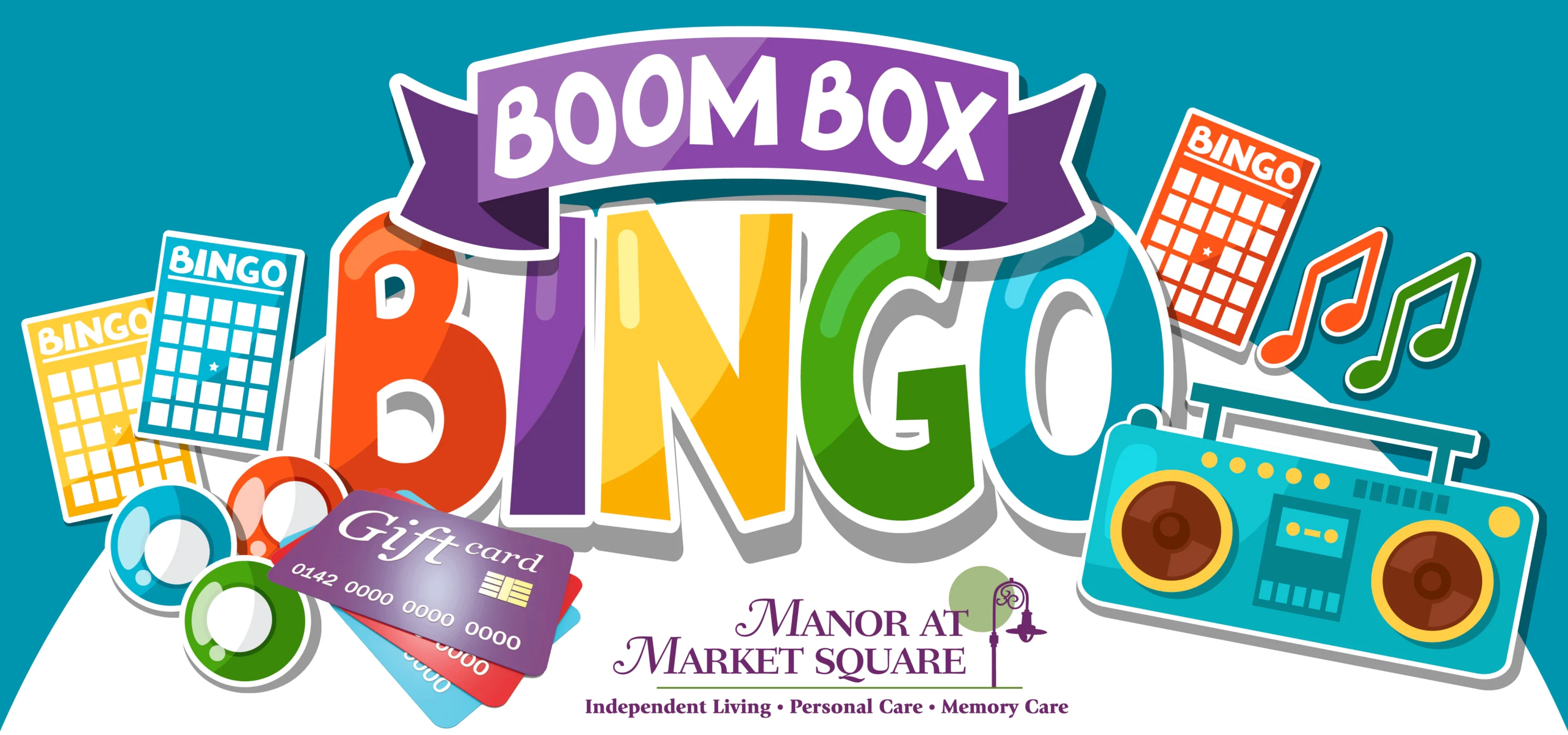 Colorful Boom Box Bingo promotional graphic
