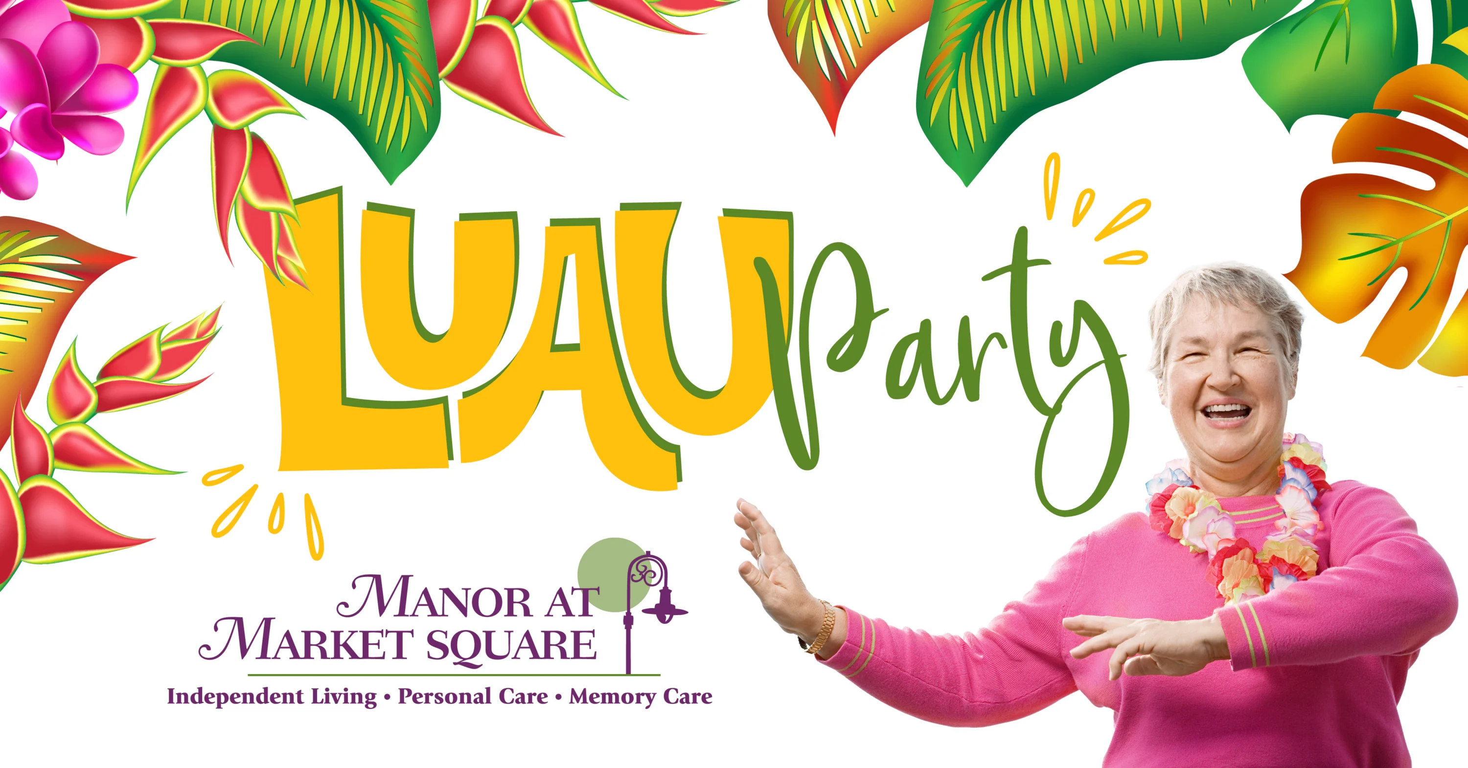Luau party banner with dancing woman in lei
