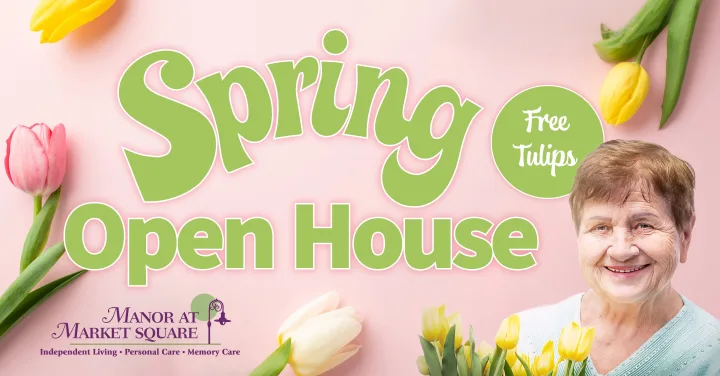 Spring Open House banner with smiling woman and tulips