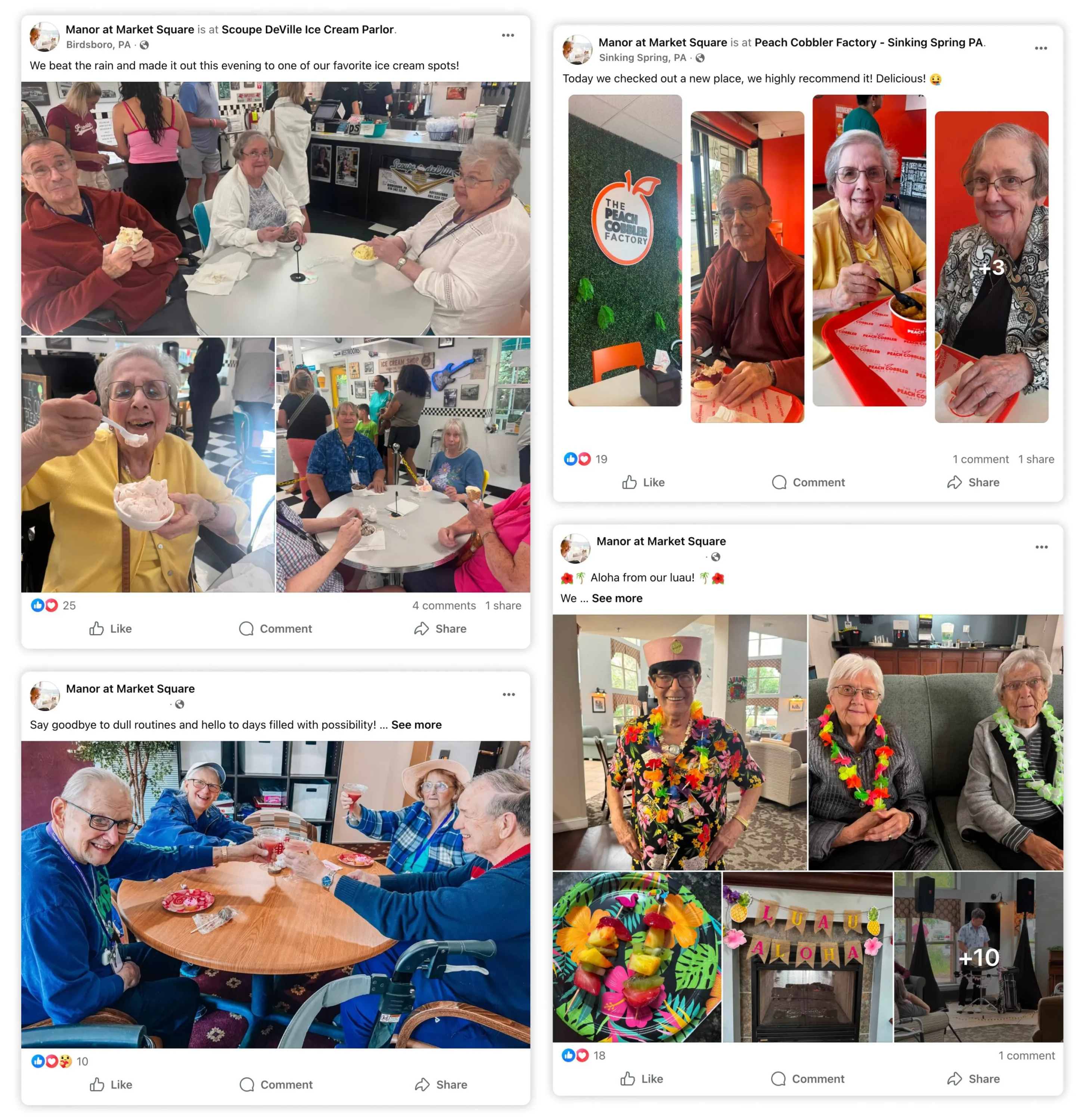Manor at Market Square Facebook posts showing resident activities and outings
